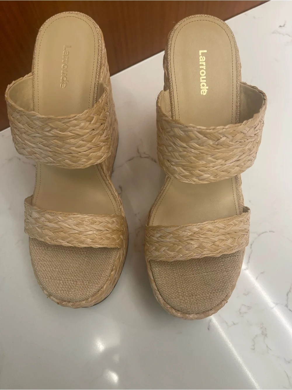 Larroude Raffia Straw Platform Wedges
